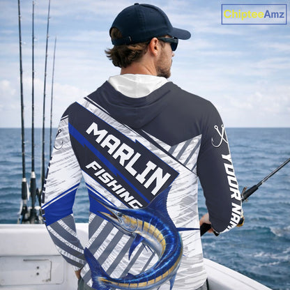 Personalized Marlin Fishing Jerseys For Fishing Team, Marlin Hooded Fishing Shirt Long Sleeve NHT919