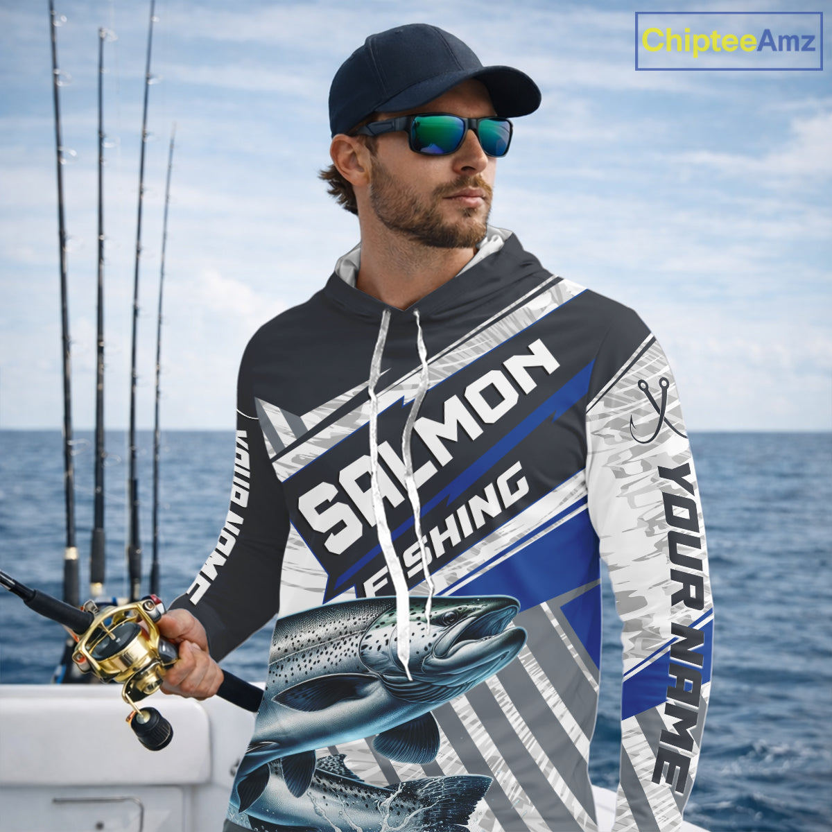 Personalized Chinook Salmon Fishing Jerseys For Fishing Team, Salmon Hooded Fishing Shirt Long Sleeve NHT921