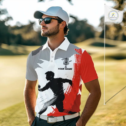 Mens Disc Golf Polo Shirt Custom Name White And Red Disc Golf Basket Golf Shirts Personalized NHN0048