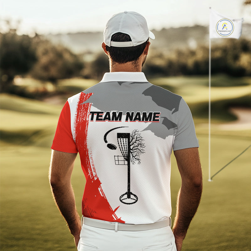 Mens Disc Golf Polo Shirt Custom Name White And Red Disc Golf Basket Golf Shirts Personalized NHN0048