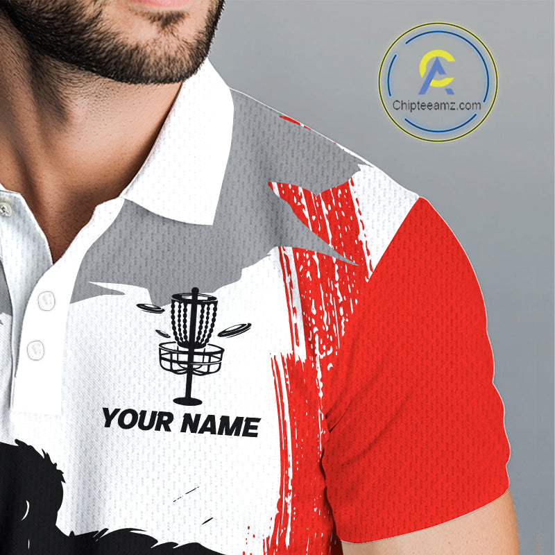 Mens Disc Golf Polo Shirt Custom Name White And Red Disc Golf Basket Golf Shirts Personalized NHN0048