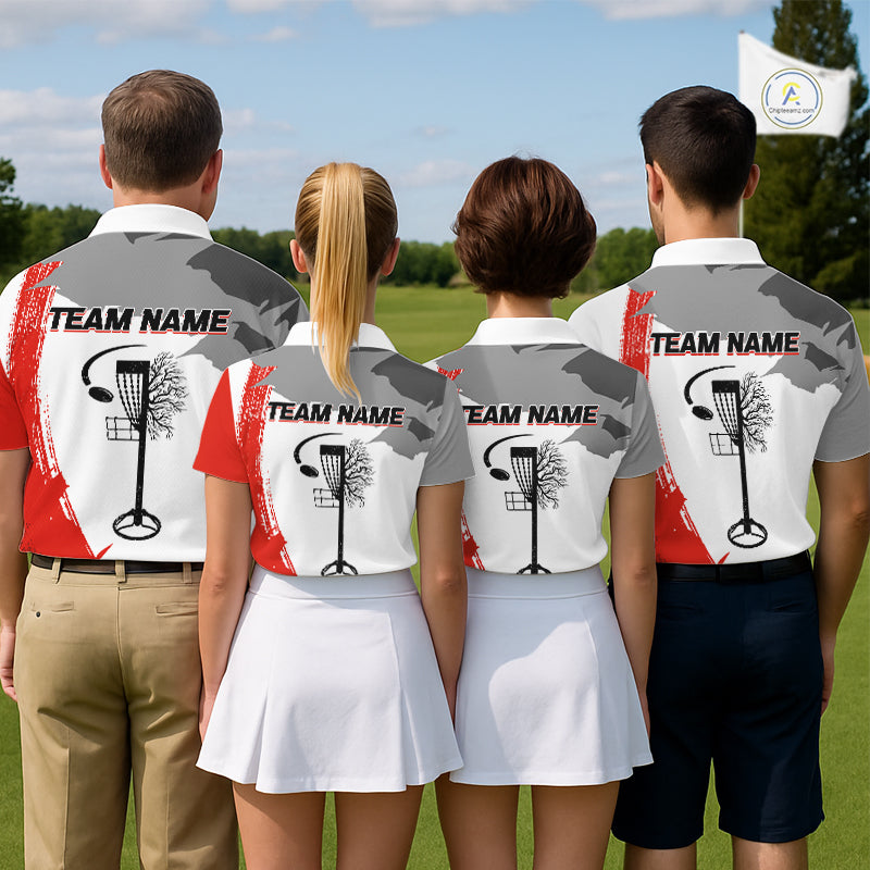 Mens Disc Golf Polo Shirt Custom Name White And Red Disc Golf Basket Golf Shirts Personalized NHN0048