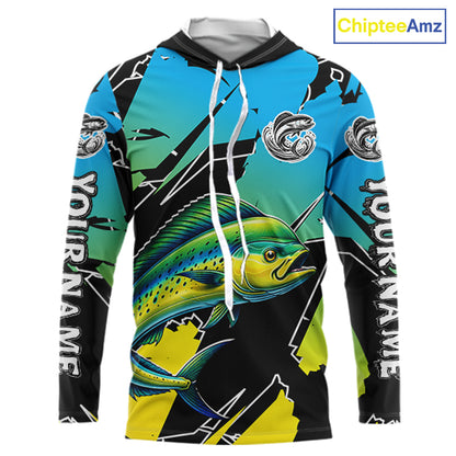 Personalized Mahi Mahi Fishing Shirts Long Sleeve Custom Team Name, Hooded Fishing Jersey For Men NHT479