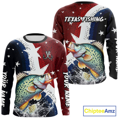 Personalized Texas Flag Crappie Fishing Shirt Jerseys, Texas Crappie Fishing Shirts Long Sleeve For Men NHT759