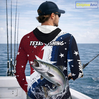 Personalized Texas Flag Chinook Salmon Fishing Shirt Jerseys, Texas Chinook Salmon Fishing Shirts Long Sleeve Hooded For Men NHT761