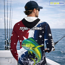 Load image into Gallery viewer, Personalized Texas Flag Mahi Mahi Fishing Shirt Jerseys, Texas Dorado Fishing Shirts Long Sleeve Hooded For Men NHT762