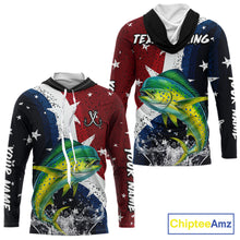 Load image into Gallery viewer, Personalized Texas Flag Mahi Mahi Fishing Shirt Jerseys, Texas Dorado Fishing Shirts Long Sleeve Hooded For Men NHT762