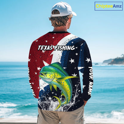 Personalized Texas Flag Mahi Mahi Fishing Shirt Jerseys, Texas Dorado Fishing Shirts Long Sleeve For Men NHT762