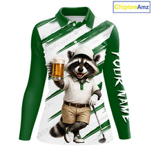 Load image into Gallery viewer, Custom Funny Beer Raccoon Golf Jersey For Womens, Womens Golf Polo Shirt Black Beige Golf Jersey NHT936