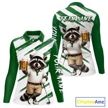 Load image into Gallery viewer, Custom Funny Beer Raccoon Golf Jersey For Womens, Womens Golf Polo Shirt Black Beige Golf Jersey NHT936