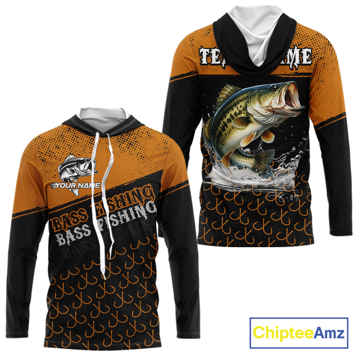 Personalized Largemouth Bass Fishing Jerseys, Orange Bass Hooded Fishing Shirts Long Sleeve Tournament Shirts NHT567