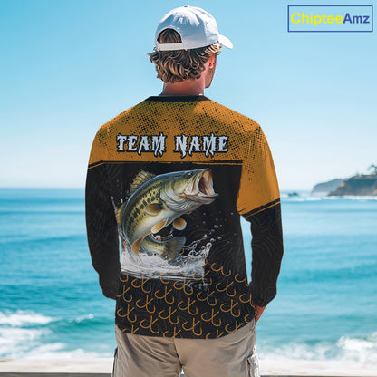 Personalized Largemouth Bass Fishing Jerseys, Orange Bass Fishing Shirts Long Sleeve Tournament Shirts NHT567