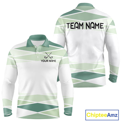 Personalized white green geometric golf polo shirt for men with custom team name