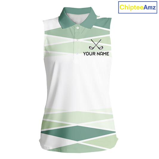 Personalized White Green Geometric Womens Sleeveless Golf Polo Shirt  Custom Team Name