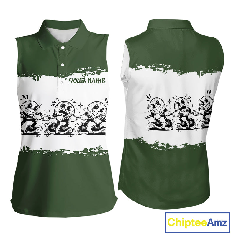Funny Sleeveless Womens Golf Polo Shirt Green And White Golf Balls Personalized Golf Shirts For Womens NHT787