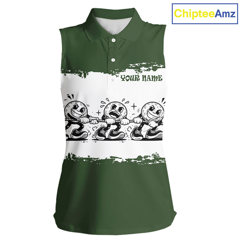 Funny Sleeveless Womens Golf Polo Shirt Green And White Golf Balls Personalized Golf Shirts For Womens NHT787