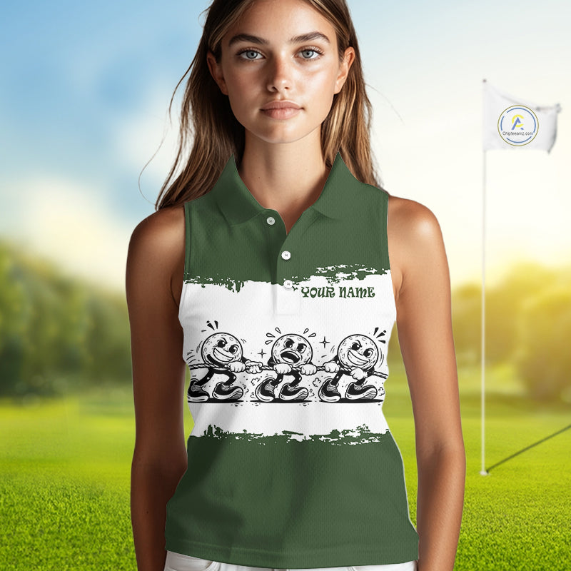 Funny Sleeveless Womens Golf Polo Shirt Green And White Golf Balls Personalized Golf Shirts For Womens NHT787