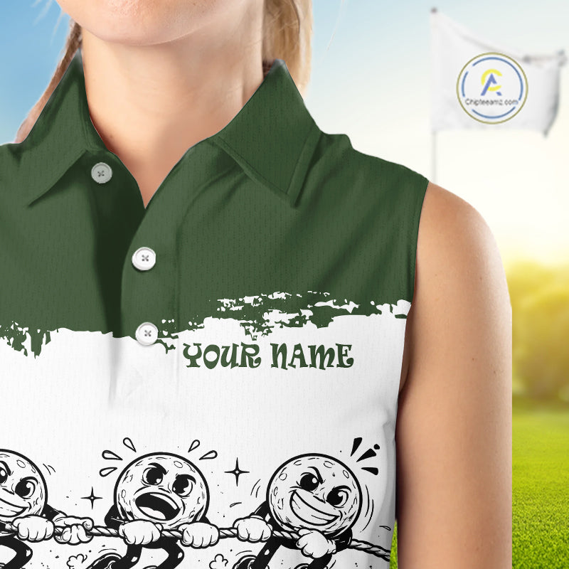 Funny Sleeveless Womens Golf Polo Shirt Green And White Golf Balls Personalized Golf Shirts For Womens NHT787