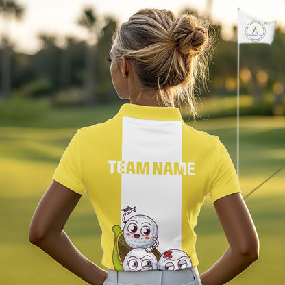 Custom Yellow White Womens Golf Team Polo Shirt, Funny Golf Ball Family Design, Matching Team Outfit NHT790