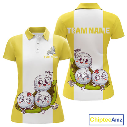 Custom Yellow White Womens Golf Team Polo Shirt, Funny Golf Ball Family Design, Matching Team Outfit NHT790