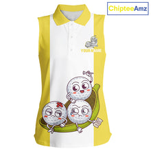 Load image into Gallery viewer, Custom Yellow White Sleeveless Womens Golf Team Polo Shirt, Funny Golf Ball Family Design, Matching Team Outfit NHT790