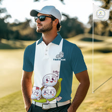 Load image into Gallery viewer, Mens Custom Blue Teal White Golf Team Polo Shirt, Funny Golf Ball Family Design, Matching Team Outfit NHT791