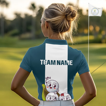 Custom Blue Teal White Womens Golf Team Polo Shirt, Funny Golf Ball Family Design, Matching Team Outfit NHT791