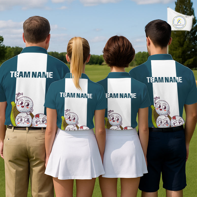 Custom Blue Teal White Womens Golf Team Polo Shirt, Funny Golf Ball Family Design, Matching Team Outfit NHT791