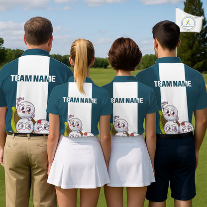 Custom Blue Teal White Womens Golf Team Polo Shirt, Funny Golf Ball Family Design, Matching Team Outfit NHT791