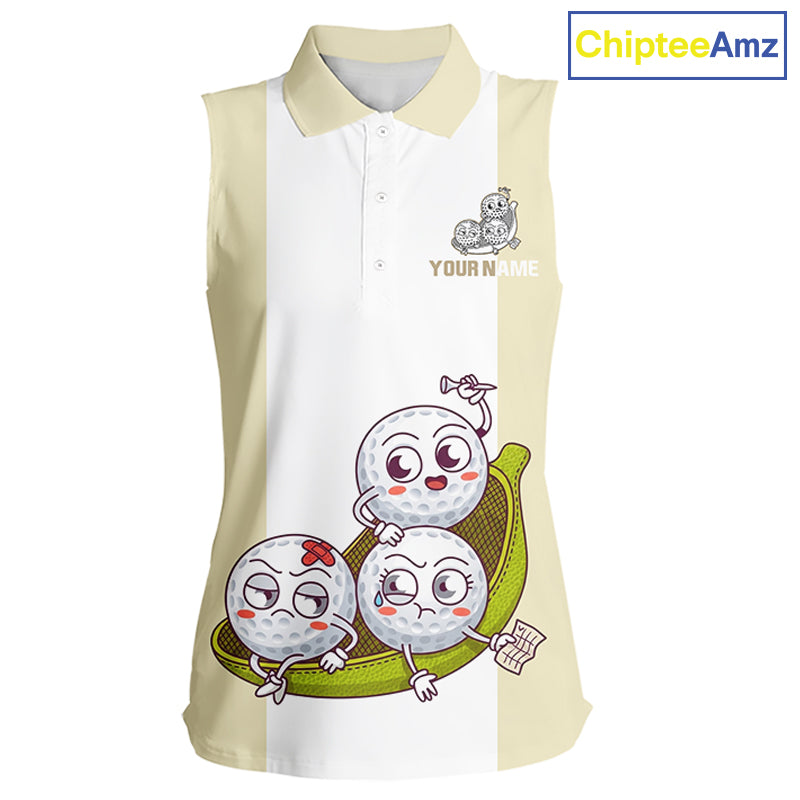 Custom Beige White Sleeveless Womens Golf Team Polo Shirt, Funny Golf Ball Family Design, Matching Team Outfit NHT792