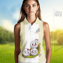 Load image into Gallery viewer, Custom Beige White Sleeveless Womens Golf Team Polo Shirt, Funny Golf Ball Family Design, Matching Team Outfit NHT792