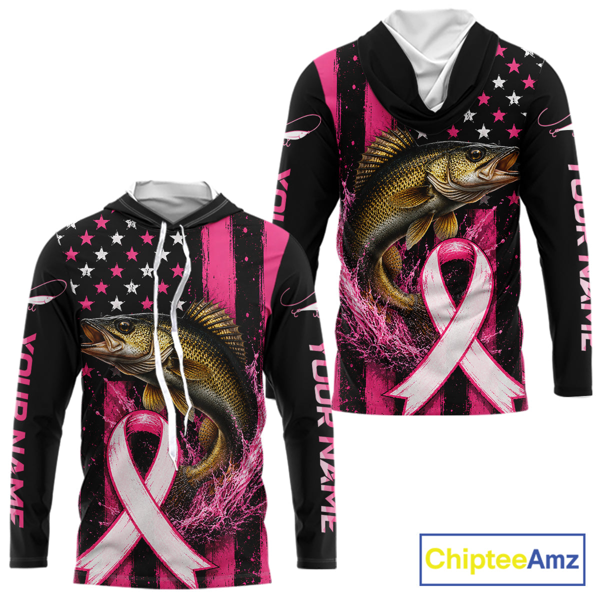 A long-sleeve hoodie shown from the front and back on a white background. The design features a  walleye fish, a pink and white awareness ribbon, pink and white stars on a black background, and vertical text reading 'YOUR NAME' on the sleeves.