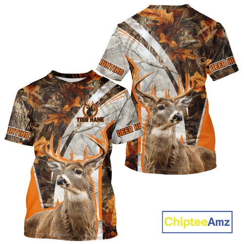 Whitetail Deer Hunting 3D All-Over Print Shirt with Deer Buck, Orange Camo for Deer Hunters NHT249
