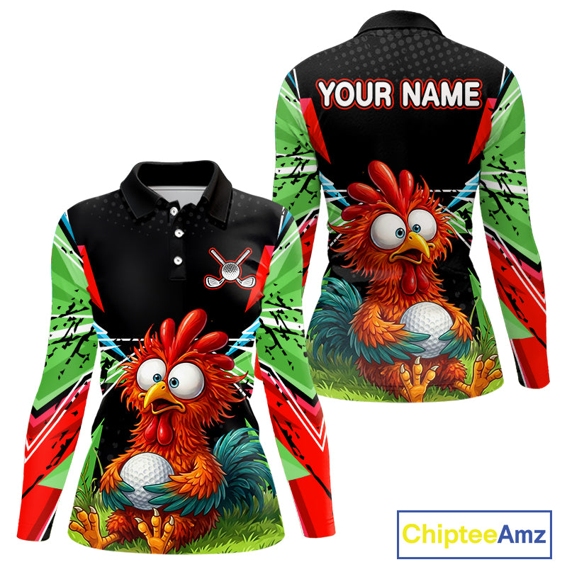Personalized Crazy Rooster Golf Polo Shirt  Green Abstract Geometric Golf Apparel for Womens