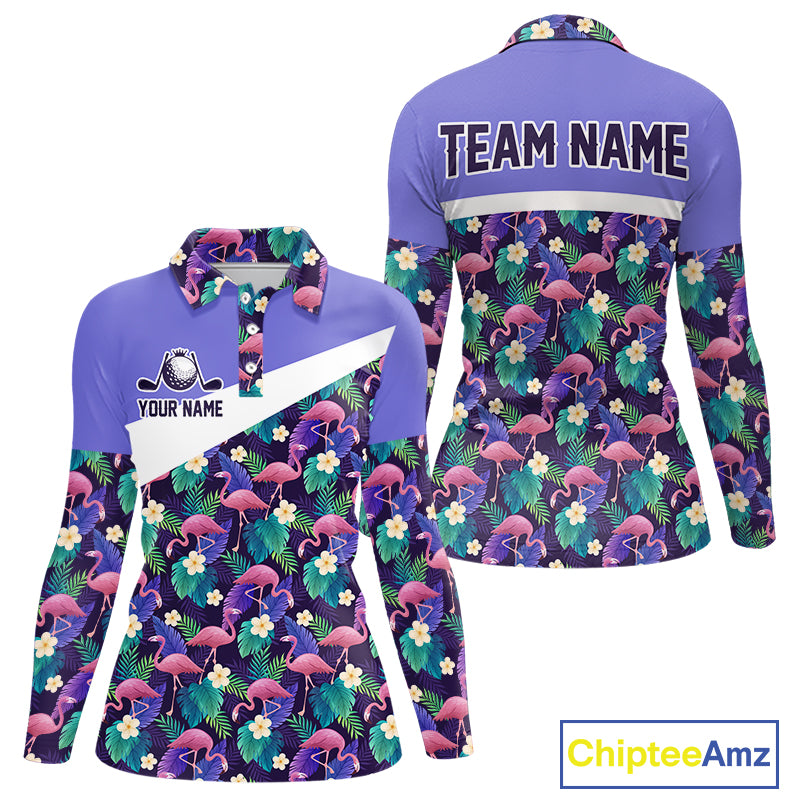 Purple Flamingo Tropical Pattern Womens Golf Polo Shirt Custom Golf Shirts For Golfer NHT584