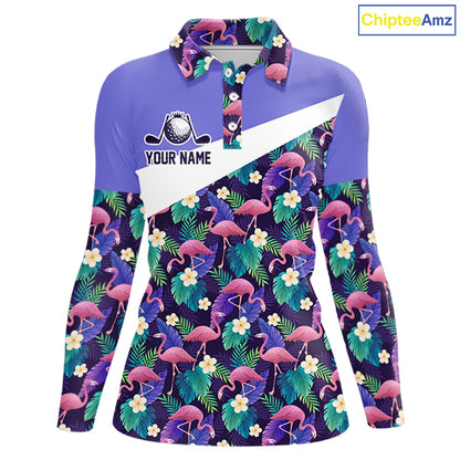 Purple Flamingo Tropical Pattern Womens Golf Polo Shirt Custom Golf Shirts For Golfer NHT584