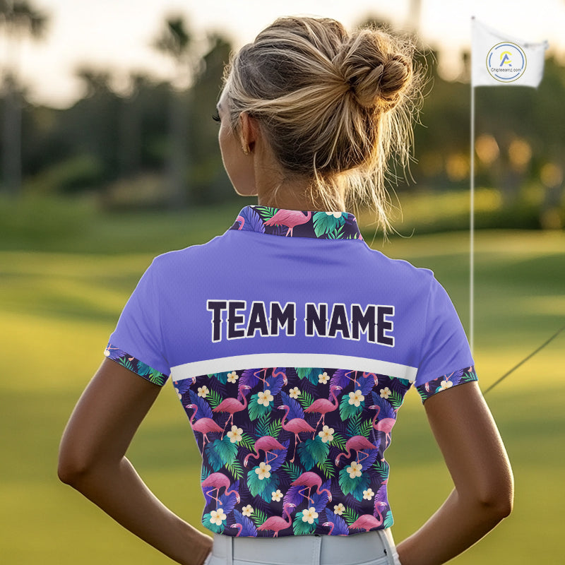 Purple Flamingo Tropical Pattern Womens Golf Polo Shirt Custom Golf Shirts For Golfer NHT584