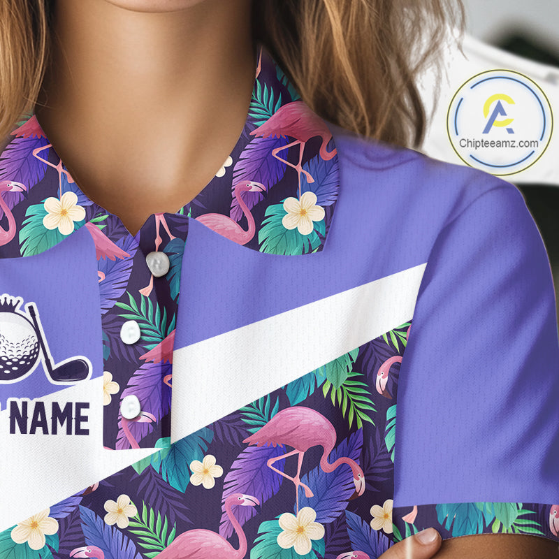 Purple Flamingo Tropical Pattern Womens Golf Polo Shirt Custom Golf Shirts For Golfer NHT584