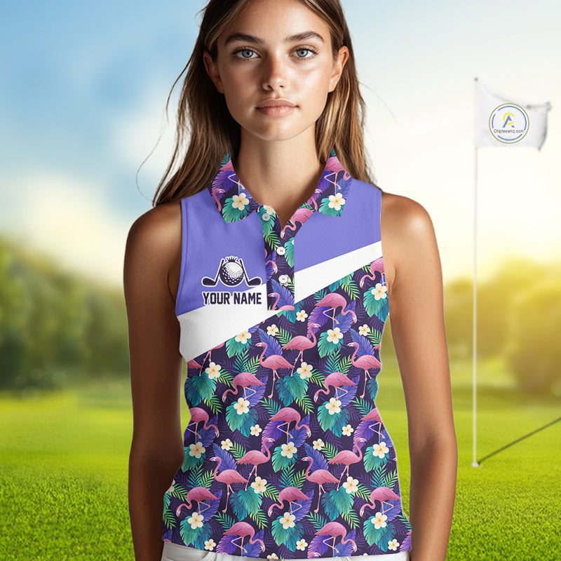 Purple Flamingo Tropical Pattern Womens Sleeveless Golf Polo Shirt Custom Golf Shirts For Golfer NHT584