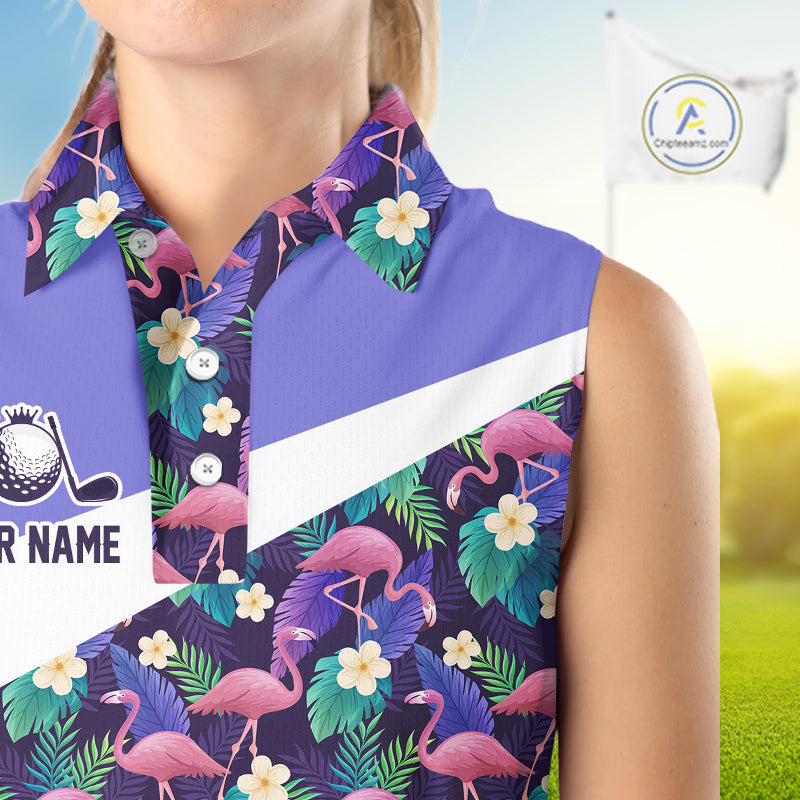 Purple Flamingo Tropical Pattern Womens Sleeveless Golf Polo Shirt Custom Golf Shirts For Golfer NHT584