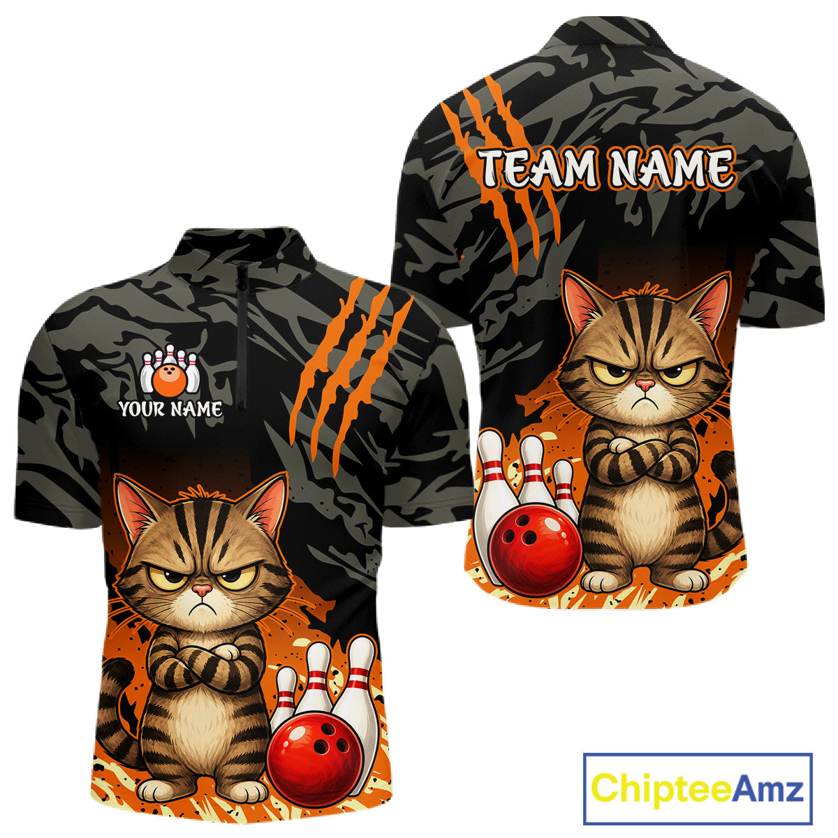 Custom bowling-themed short-sleeve button-up shirt shown from both front and back. The shirt features a dark gray and black camouflage pattern with bright orange claw-stripe graphics, a cartoon grumpy cat holding a red bowling ball and bowling pins, and customizable text areas reading 'TEAM NAME' and 'YOUR NAME' with a bowling pin icon