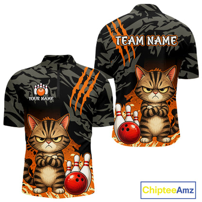 Custom bowling-themed short-sleeve button-up shirt shown from both front and back. The shirt features a dark gray and black camouflage pattern with bright orange claw-stripe graphics, a cartoon grumpy cat holding a red bowling ball and bowling pins, and customizable text areas reading 'TEAM NAME' and 'YOUR NAME' with a bowling pin icon