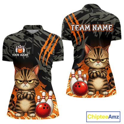 Front and back views of a women's short-sleeve polo shirt featuring a cartoon grumpy cat with bowling balls on a black and gray camouflage background with orange claw marks. The front shows a paw print logo with 'YOUR NAME' and the back shows 'TEAM NAME' placeholder text.