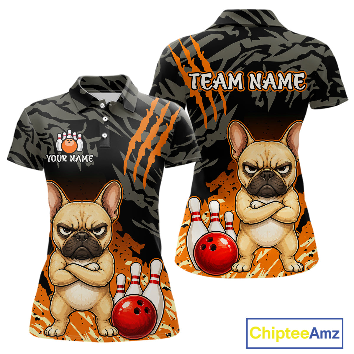 Custom short-sleeve polo shirt shown from front and back, featuring a cartoon French bulldog with crossed arms and bowling balls on a black-and-orange graphic background. The shirt includes placeholder text 'YOUR NAME' and 'TEAM NAME', with a ChipteeAmz logo in the bottom right corner.