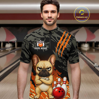Funny French Bulldog Bowling Shirt Custom Name Black Camo Orange Personalized Team Jersey For Men NHT1266