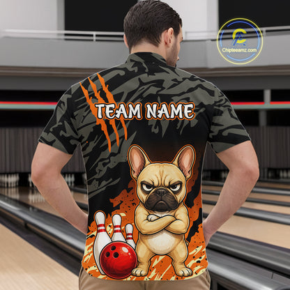 Funny French Bulldog Bowling Shirt Custom Name Black Camo Orange Personalized Team Jersey For Men NHT1266