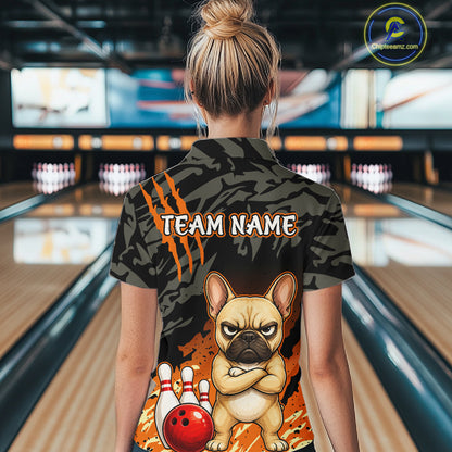 Funny French Bulldog Bowling Shirt Custom Name Black Camo Orange Personalized Team Jersey For Women NHT1266