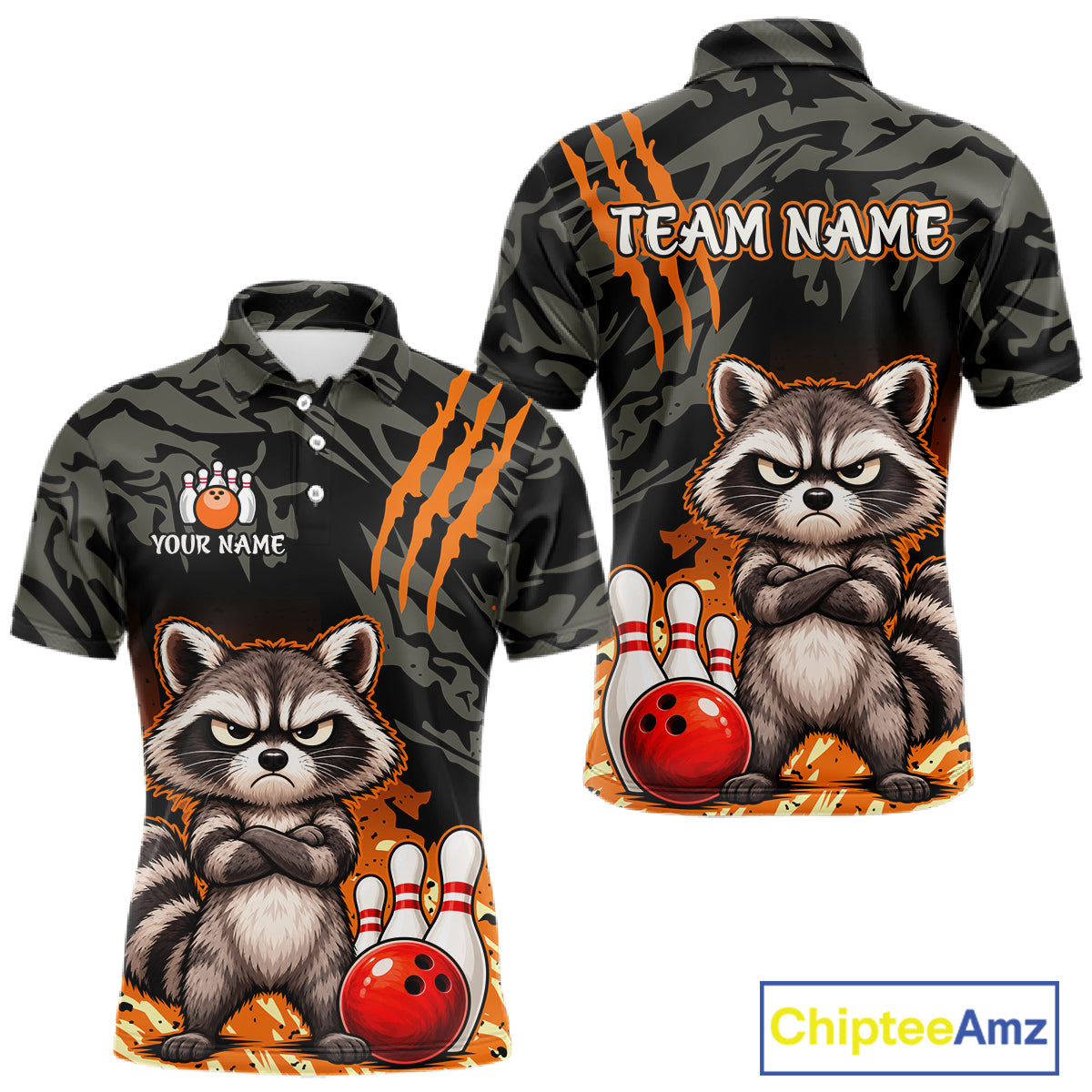 Front and back views of a short-sleeve camouflage bowling-themed polo shirt featuring a cartoon raccoon, bowling pins, bowling ball, orange claw marks, and customizable text areas including 'TEAM NAME' and 'YOUR NAME'.