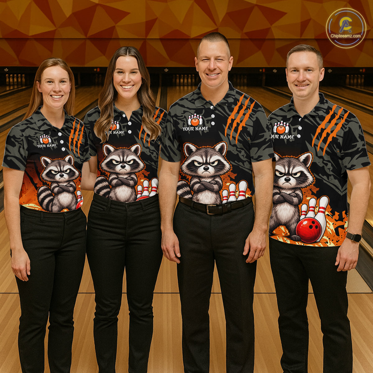 Funny Raccoon Bowling Shirt Custom Name Black Camo Orange Personalized Team Jersey For Women NHT1267