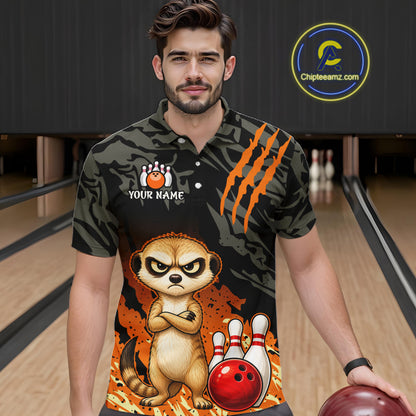A man wearing a custom bowling-themed short-sleeve polo shirt with a camouflage pattern, orange claw marks, a cartoon meerkat, bowling pins, and bowling balls. The shirt also features a customizable chest graphic with a bowling pin icon and the text 'YOUR NAME'.
